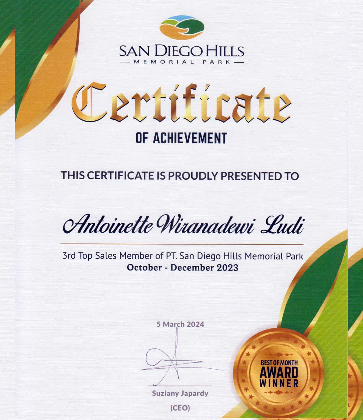 certificate of top sale achievement 2023